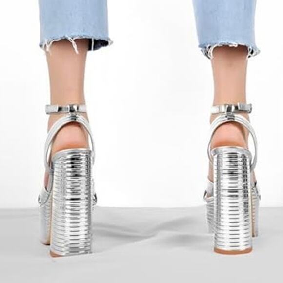 Onlymaker Womens Size 8 Shiny Silver 6" Platform Heels Open Ankle Strap Shoes - Picture 6 of 7